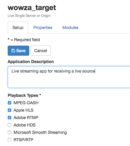 Adding a description for stream target application for live streaming and setting playback types